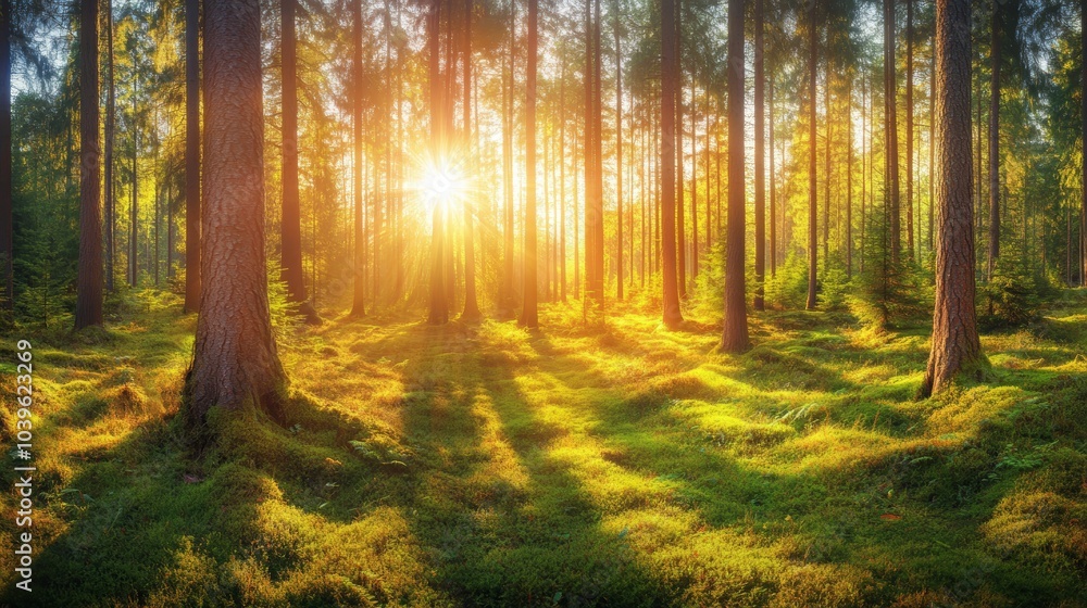 Obraz premium Sundrenched forest, a captivating display of light and shadow through the trees