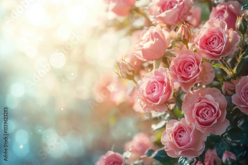 Close up photo of small pink flowers with bokeh background.
