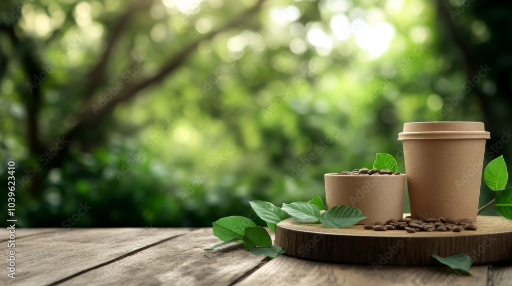 Steaming cups of coffee embrace the rustic charm of a wooden table adorned with lush green leaves Steaming cups of coffee embrace the rustic charm of a wooden table adorned with lush green leaves