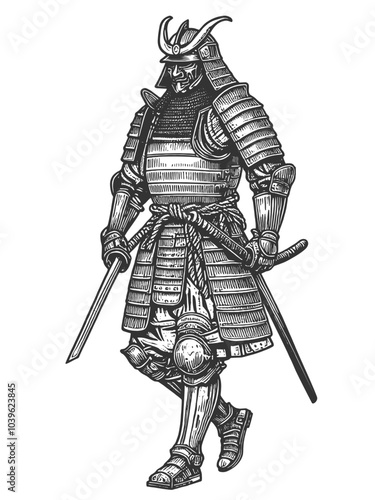 traditional samurai warrior wearing full armor, holding a katana, historical Japanese culture sketch engraving generative ai vector illustration. Scratch board imitation. Black and white image.