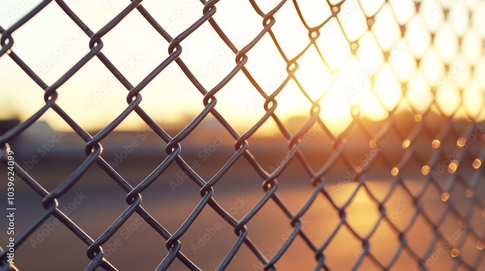 Fototapeta premium Golden sunset through chain link fence, a captivating blend of light and shadow golden