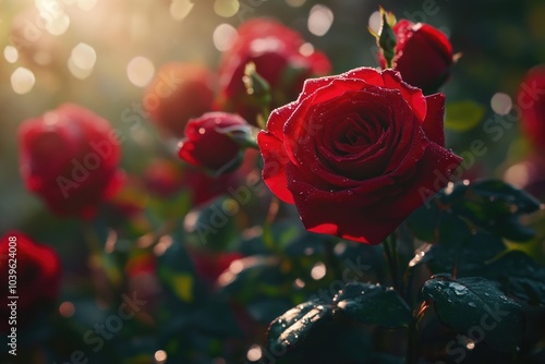 Vibrant red roses in close up garden bouquet.