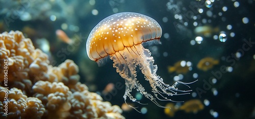 A jellyfish with a transparent bell and long tentacles swims in a coral reef with a background of bubbles. photo