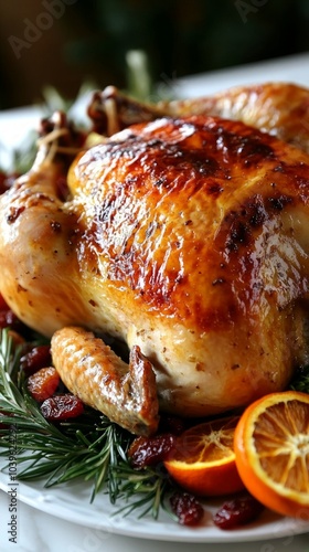 A golden brown turkey is served with seasonal fruits and fresh herbs, creating an inviting centerpiece for a festive Thanksgiving gathering at home photo