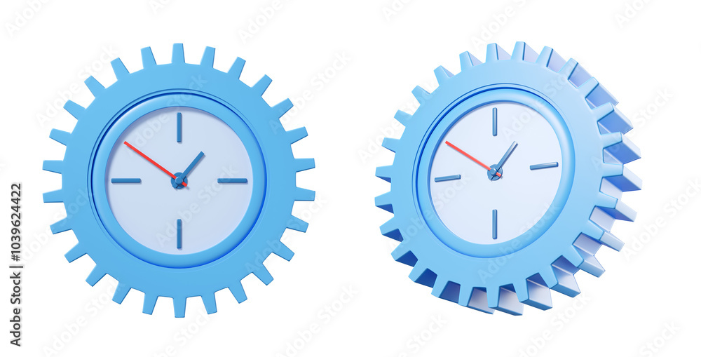 Two blue gear-shaped clocks with red and blue hands on white background. Modern design concept of time management. 3D Rendering Two blue gear-shaped clocks with red and blue hands on white background. Modern design concept of time management. 3D Rendering