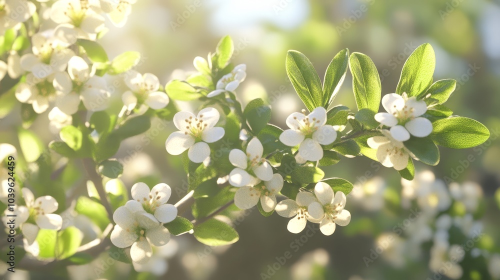A tree branch adorned with white blossoms and emerald leaves, bathed in sunlight filtering through the foliage A tree branch adorned with white blossoms and emerald leaves, bathed in sunlight filtering through the foliage