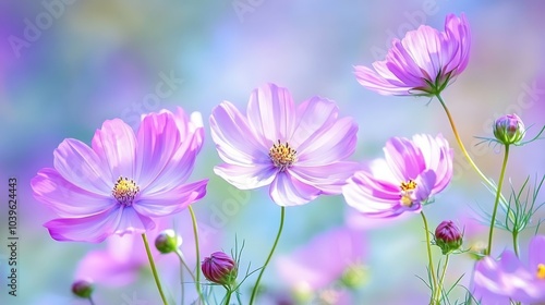  A tight shot of various blooms against a backdrop of azure sky, with some pink blossoms in the front