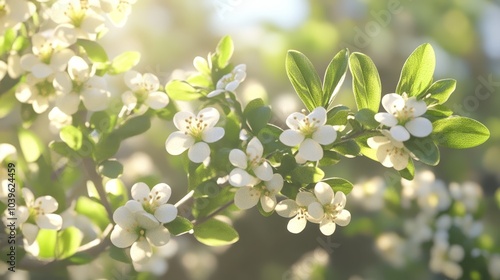  A tree branch adorned with white blossoms and emerald leaves, bathed in sunlight filtering through the foliage