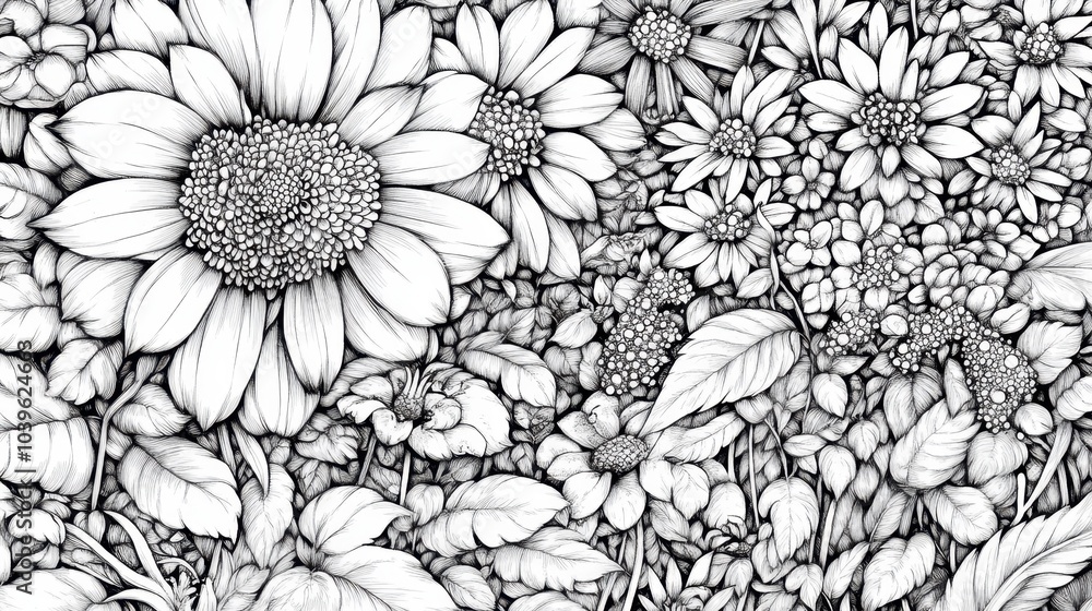 A detailed black and white floral illustration featuring sunflowers and daisies in a lush garden setting during springtime, coloring page A detailed black and white floral illustration featuring sunflowers and daisies in a lush garden setting during springtime, coloring page