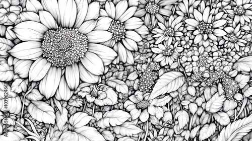 A detailed black and white floral illustration featuring sunflowers and daisies in a lush garden setting during springtime, coloring page