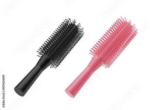 Two round hairbrushes, one black and one pink, isolated on a white background. Concept of hair care and styling accessories. 3D Rendering