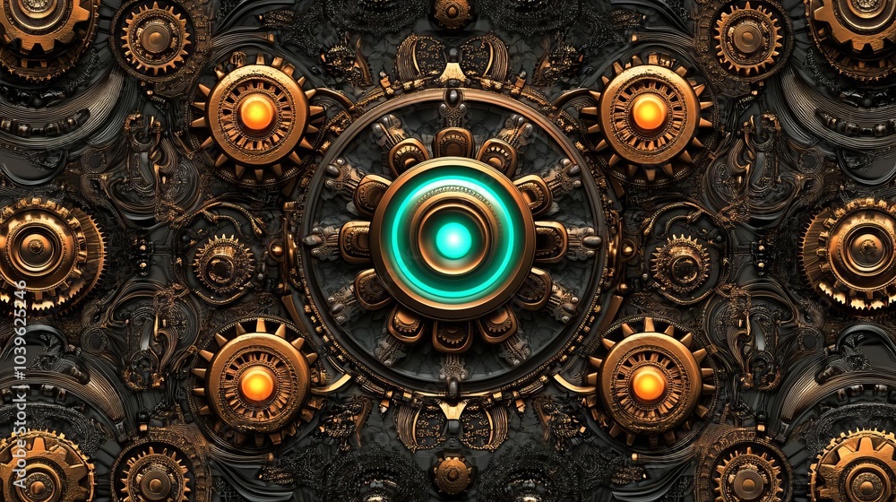 Seamless steampunk pattern with metallic textures, glowing neon gears, intricate details, bronze and gold tones Seamless steampunk pattern with metallic textures, glowing neon gears, intricate details, bronze and gold tones