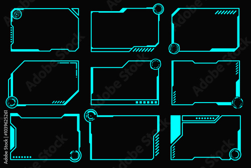 Futuristic set hi tech frame cyberpunk style design element. Technology HUD sci-fi design.