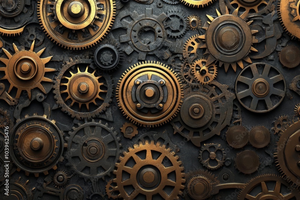 Steampunkinspired seamless wallpaper with gears and cogs, metallic textures, intricate details, bronze and gold tones Steampunkinspired seamless wallpaper with gears and cogs, metallic textures, intricate details, bronze and gold tones