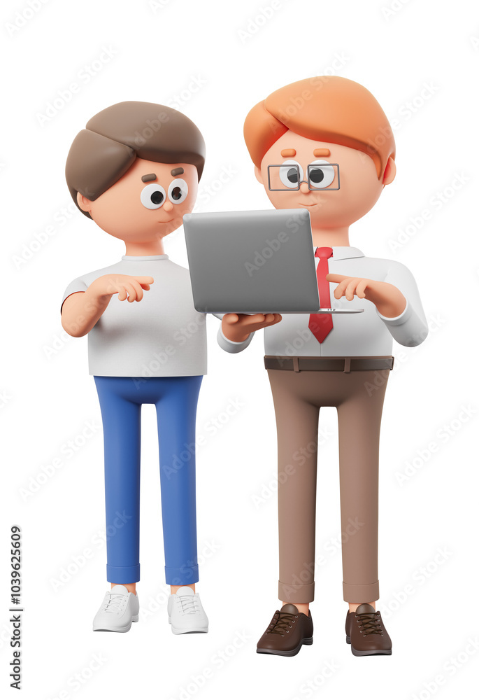 Two cartoon characters working together on a laptop, one pointing at the screen. Isolated on a white background. Concept of teamwork. 3D Rendering. Two cartoon characters working together on a laptop, one pointing at the screen. Isolated on a white background. Concept of teamwork. 3D Rendering.