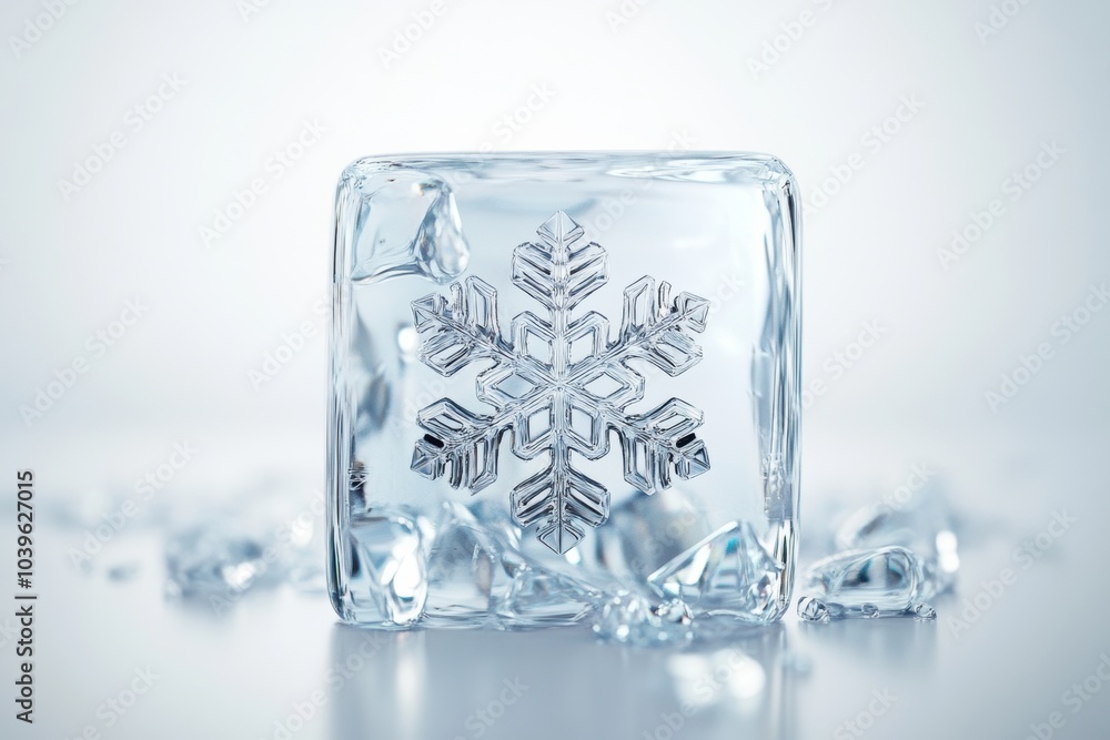 Transparent ice cube with a detailed snowflake design on its surface, surrounded by broken ice shards on a smooth background Transparent ice cube with a detailed snowflake design on its surface, surrounded by broken ice shards on a smooth background