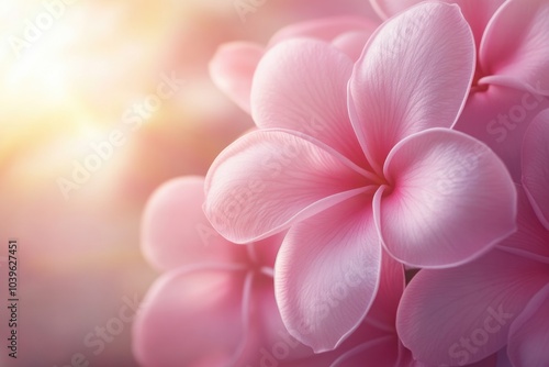 Macro shot of pink Plumeria flowers with soft background.