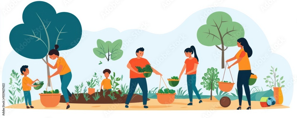 Fototapeta premium Family gardening together, planting trees, tending to plants, bright cheerful setting.