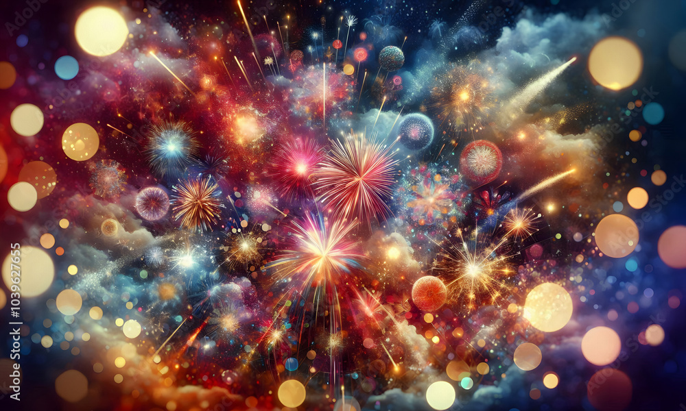 Fototapeta premium Ein farbenprächtiges Feuerwerk über einer nächtlichen Stadtlandschaft vor einem kosmischen Sternenhimmel, Wallpaper, abstrakt