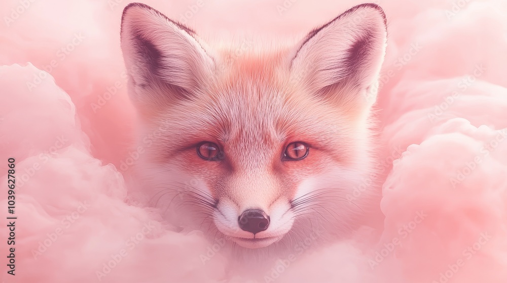 Fototapeta premium A fox is shown in a pinkish-purple background with a white cloud