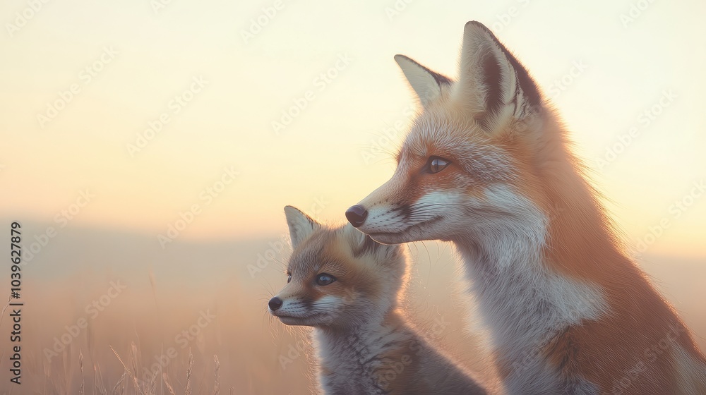 Two foxes are standing next to each other in a field Two foxes are standing next to each other in a field