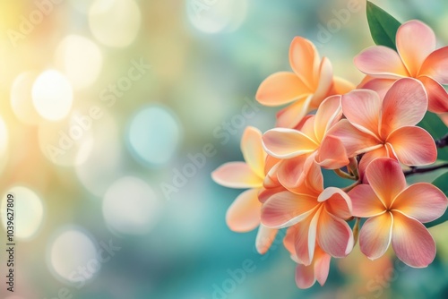 Colorful Frangipani and Plumeria flowers in soft spring landscape.