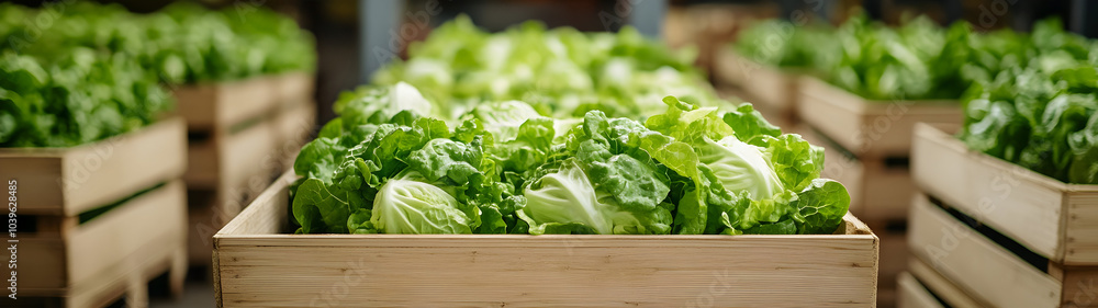 Iceberg lettuce harvested in wooden boxes in a warehouse. Natural organic fruit abundance. Healthy and natural food storing and shipping concept. Iceberg lettuce harvested in wooden boxes in a warehouse. Natural organic fruit abundance. Healthy and natural food storing and shipping concept.