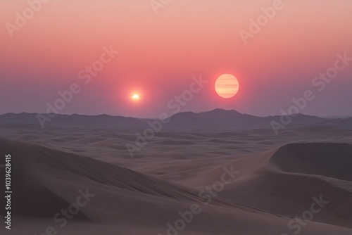 Amidst a calming sunset, a desert stretches on with two bright suns illuminating the landscape from different directions, evoking a sense of wonder and peace.