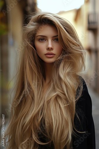 Beautiful young woman with long voluminous blonde hair