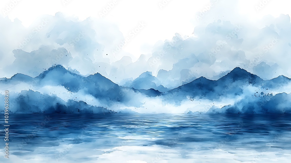 Watercolor Mountain Landscape with Foggy Peaks and Serene Water Reflection Watercolor Mountain Landscape with Foggy Peaks and Serene Water Reflection