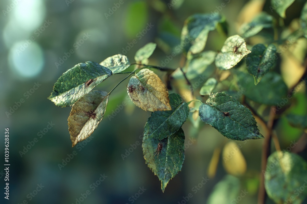Fototapeta premium Rose plant leaves destroyed by pests and insects selective focus background blur