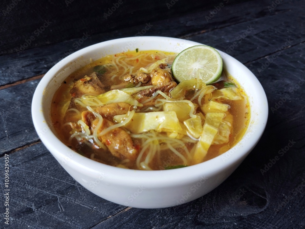Soto ayam or chicken noodle soup with vegetables, Indonesian traditional foods famous in Java Soto ayam or chicken noodle soup with vegetables, Indonesian traditional foods famous in Java
