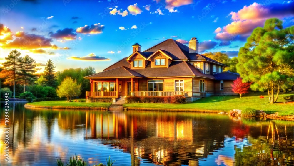Obraz premium Scenic view of a charming house by the lake at sunset, with reflections in the water and colorful clouds in the sky