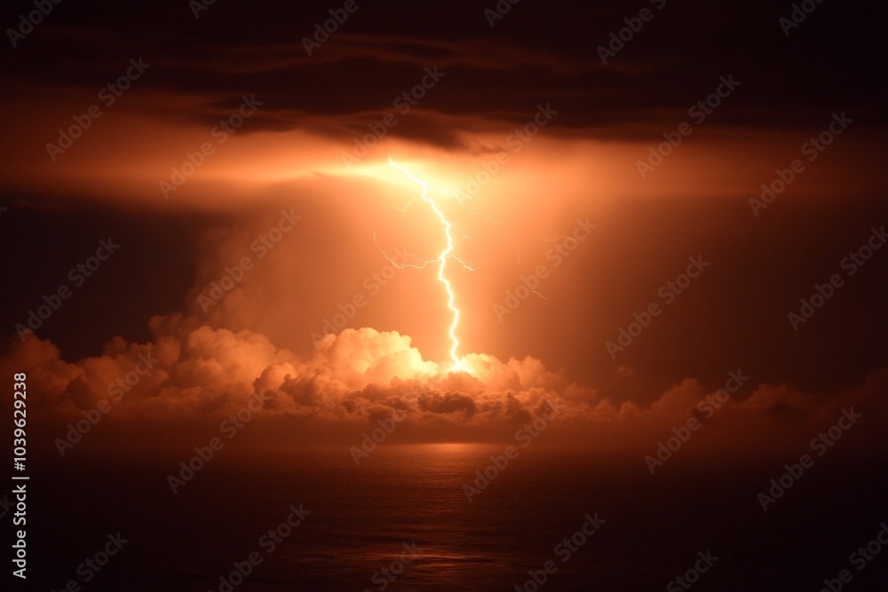 A bright lightning bolt starkly contrasts against dark storm clouds, illuminating the ocean below, creating a dramatic and powerful maritime landscape scene. A bright lightning bolt starkly contrasts against dark storm clouds, illuminating the ocean below, creating a dramatic and powerful maritime landscape scene.