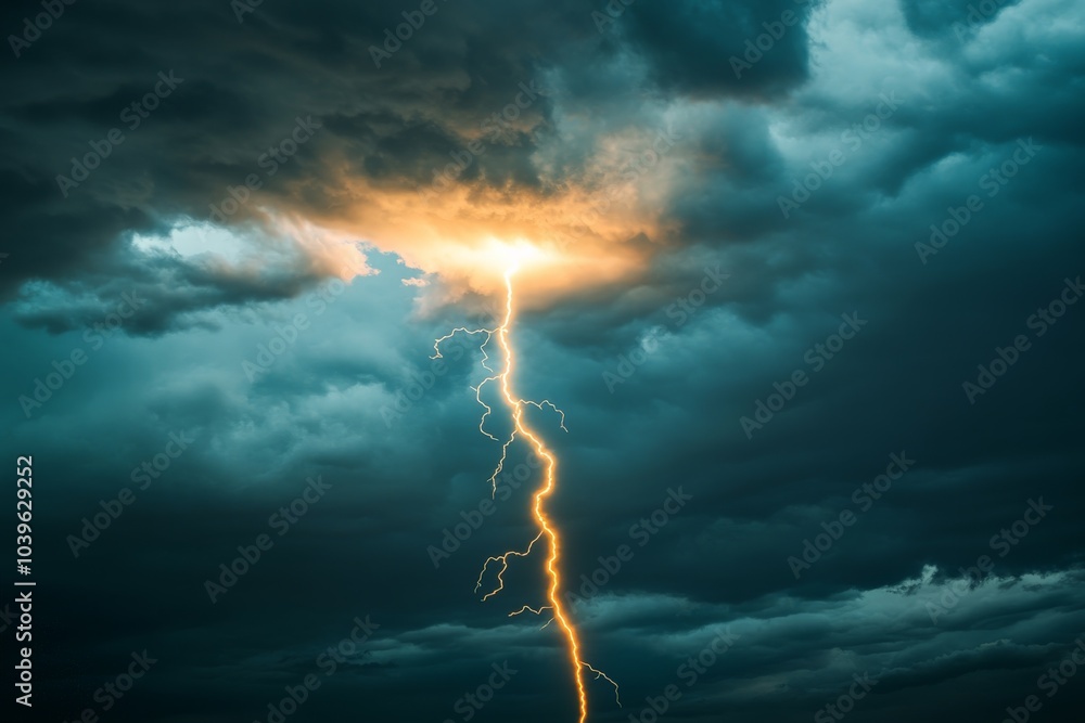 Fototapeta premium A dynamic scene features a fierce lightning bolt piercing the sky, casting an electrifying glow over the turbulent clouds, embodying nature’s formidable power.
