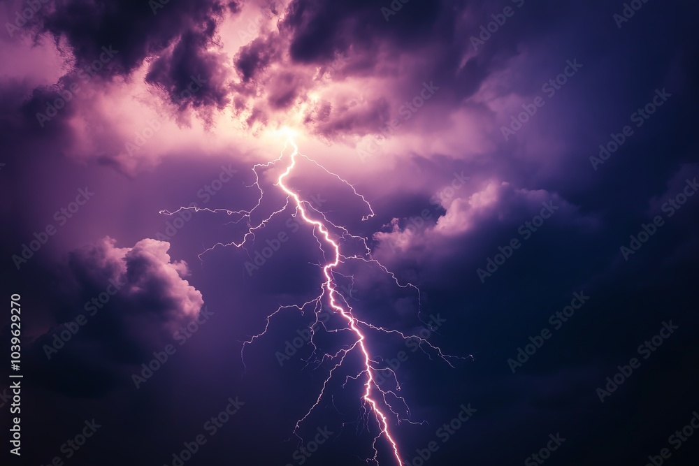 Fototapeta premium A vibrant purple lightning streak rips through ominous, brooding clouds, showcasing an otherworldly glow and embodying the raw, untamed power that storms possess.