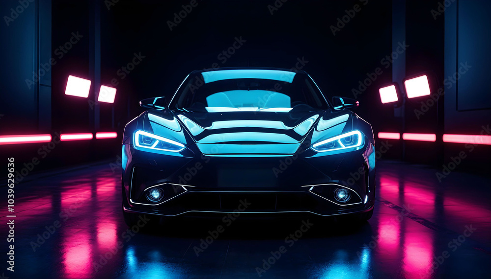 Fototapeta premium 3d model black car, sport car, front view on black background with pink light. Ai generated.