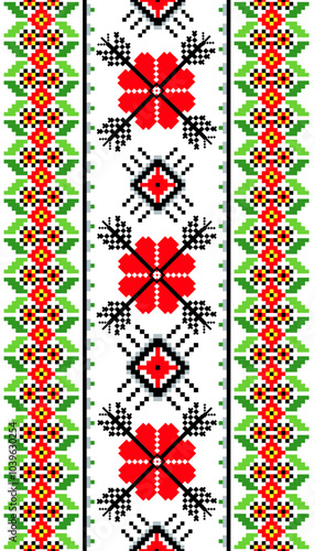 Pixel art embroidery pattern. Repeating Ukraine geometric pattern design with floral. Symmetrical and Clean. For use as neckline embroidery.
Cross Stitch pattern with red and white flowers.