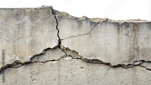 Close-up of collapsed, cracked, damaged concrete wall isolated on white background