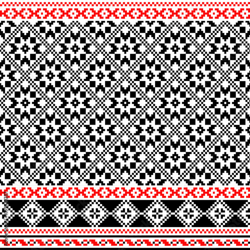 Pixel art embroidery pattern. Repeating Ukraine geometric pattern design with floral. Symmetrical and Clean. For use as neckline embroidery.
Cross Stitch black and white seamless pattern.