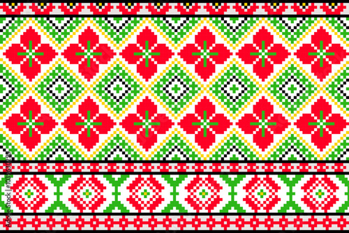 Pixel art embroidery pattern. Repeating Ukraine geometric pattern design with floral. Symmetrical and Clean. For use as neckline embroidery.
Cross Stitch seamless knitted pattern with flower.