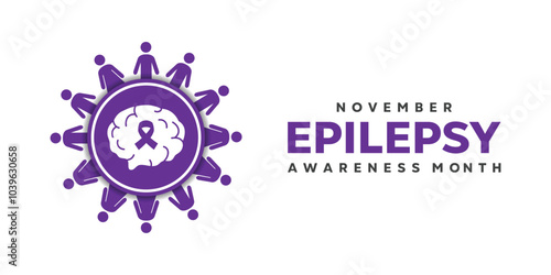 November Is Epilepsy Awareness Month. People, brain and ribbon. Great for cards, banners, posters, social media and more. White background. 