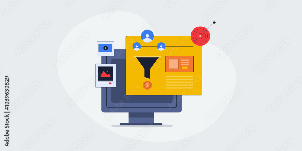 Landing page sales funnel marketing, target audience and conversion optimization business technology conceptual vector illustration. Landing page sales funnel marketing, target audience and conversion optimization business technology conceptual vector illustration.