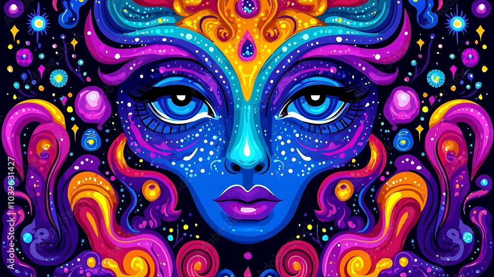 Abstract Art with Vibrant Colors and Swirling Patterns, Psychedelic Design, Colorful Face Abstract Art with Vibrant Colors and Swirling Patterns, Psychedelic Design, Colorful Face