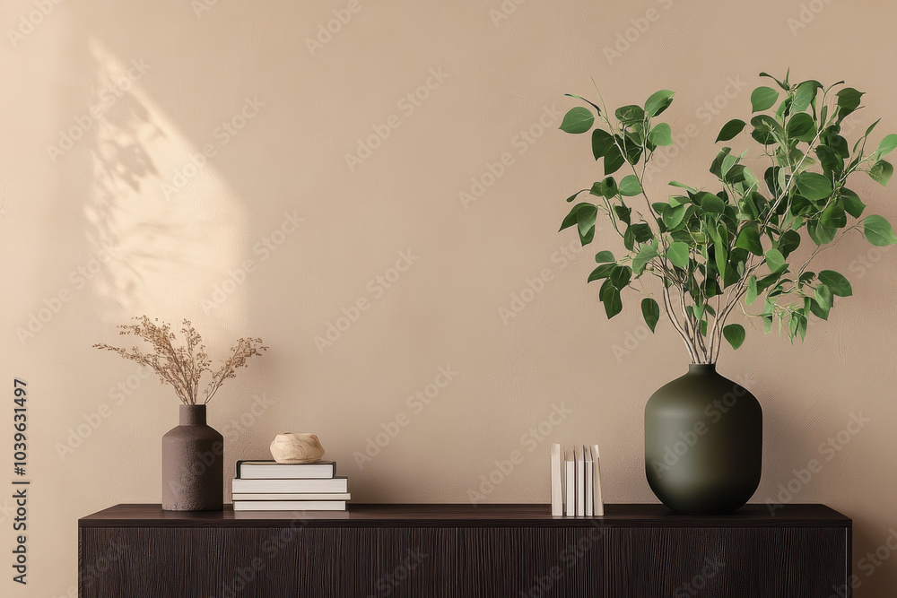 stylish interior scene featuring dark wooden console table adorned with decorative elements. green plant in vase and dried flowers create serene atmosphere stylish interior scene featuring dark wooden console table adorned with decorative elements. green plant in vase and dried flowers create serene atmosphere