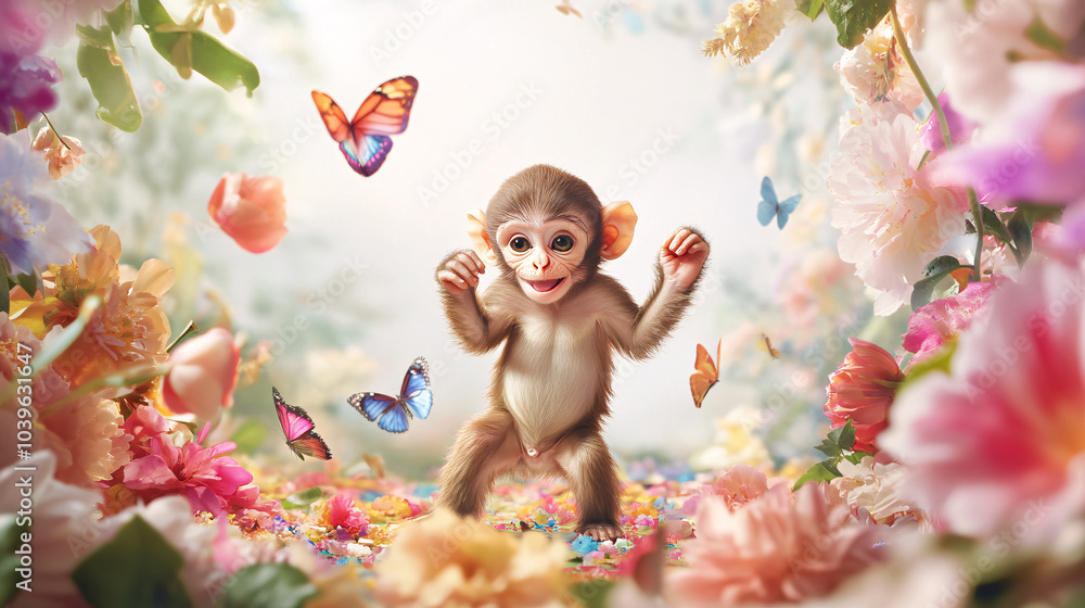 A cutest baby monkey you have ever seen with a party stage glowing with colorful flowers in beautiful forest A cutest baby monkey you have ever seen with a party stage glowing with colorful flowers in beautiful forest