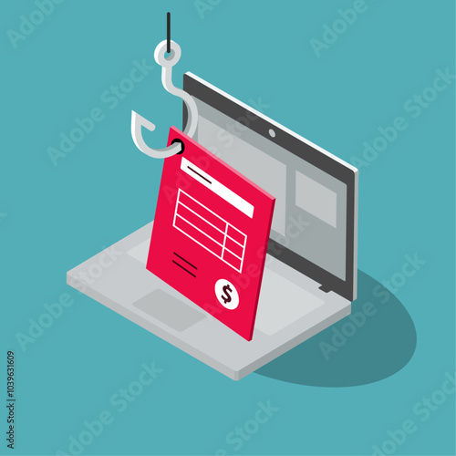 Invoice fraud symbol with a laptop computer and a manipulated fake invoice. Isometric flat design, easy to use for your website or presentation.