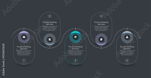 Simple horizontal process infographic template with five options - dark version. Flat presentation diagram with thin lines and minimalistic icons.