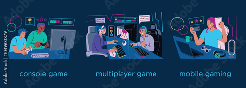 Gaming themed vector illustration set, console, multiplayer, and mobile video games. Cartoon style, flat design, modern technology icons, players with controllers, headsets, and entertainment devices