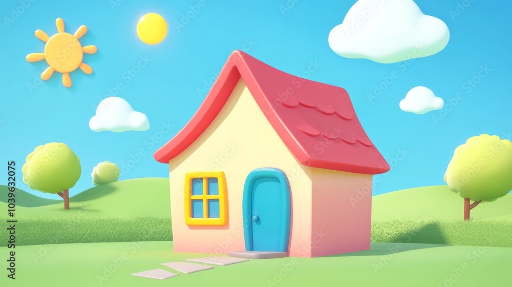 A cute 3D cartoon-style house with the sun in the sky. A cute 3D cartoon-style house with the sun in the sky.